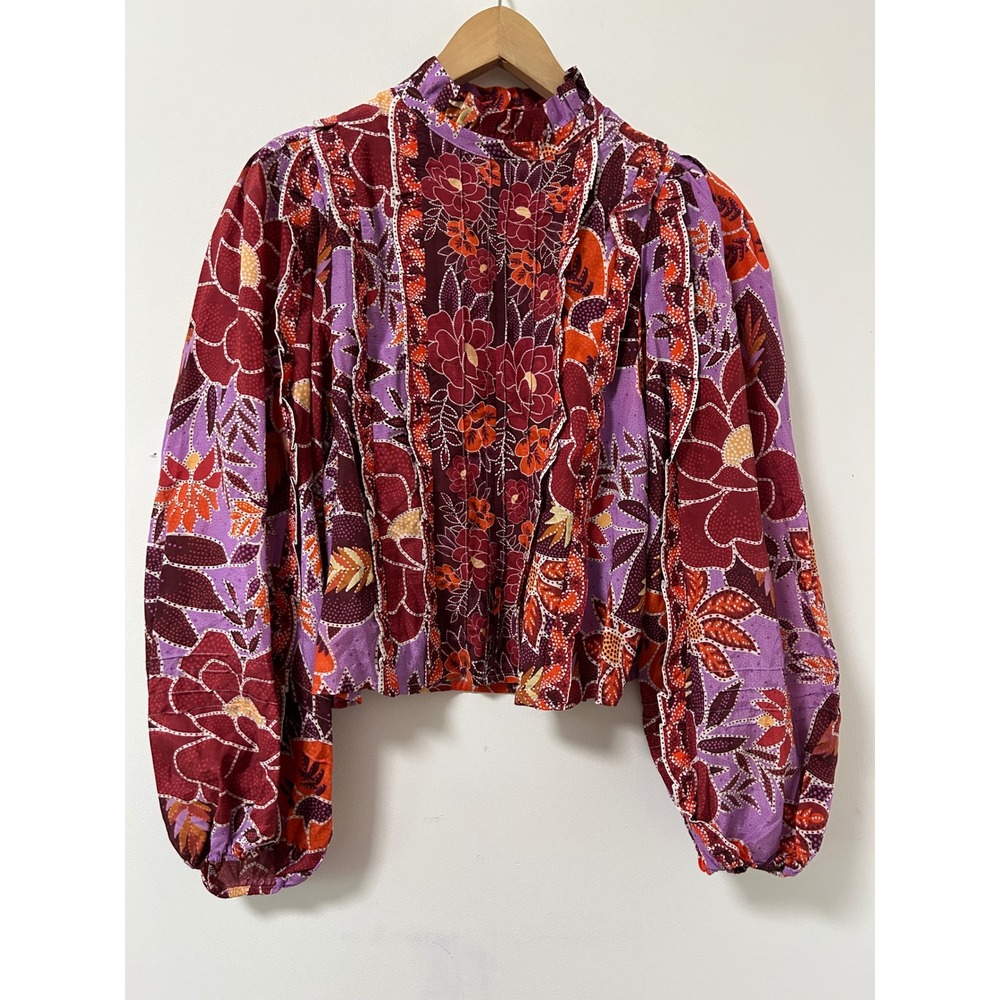 Farm Rio Floral Batik Ruffle Blouse Women S Purple Bohemian Puff Sleeve Top